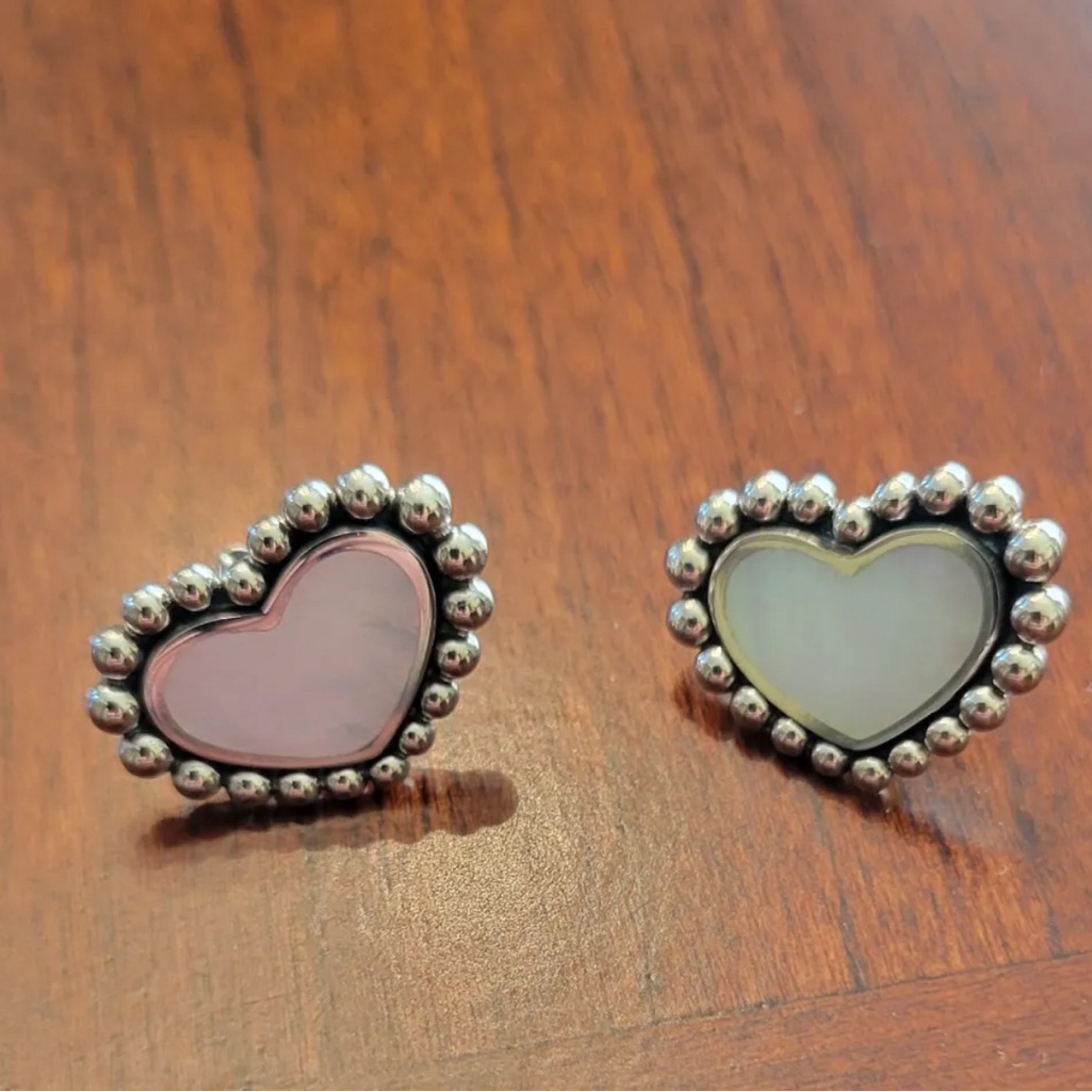 Lagos Earrings, Mother Of Pearl Inlay Heart Shape, Stud, 12mm, Sterling Silver